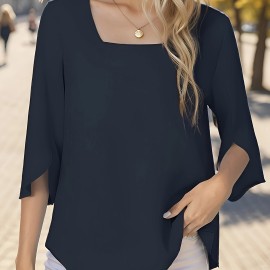 Solid Color Square Neck Blouse, Versatile Half Sleeve Loose Blouse For Spring & Fall, Women's Clothing