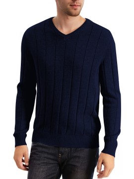 Tooluck Men's V-neck wide-striped pullover sweater