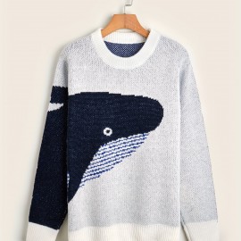 Men's Cartoon Whale Print Loose Fit Warm Sweater - Casual Retro Style for Fall and Winter