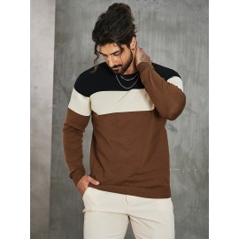 Men's Casual Color Block Knitted Sweater - Warm, High Stretch Crew Neck Pullover for Fall/Winter