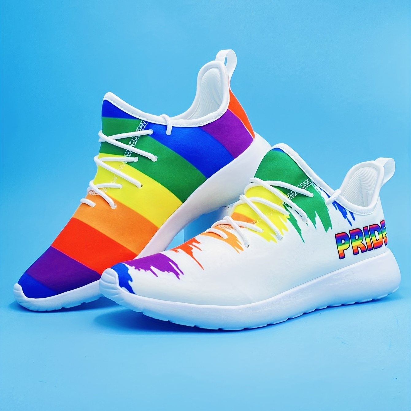 rainbow color pattern lace sneakers men s athletic shoes details 0